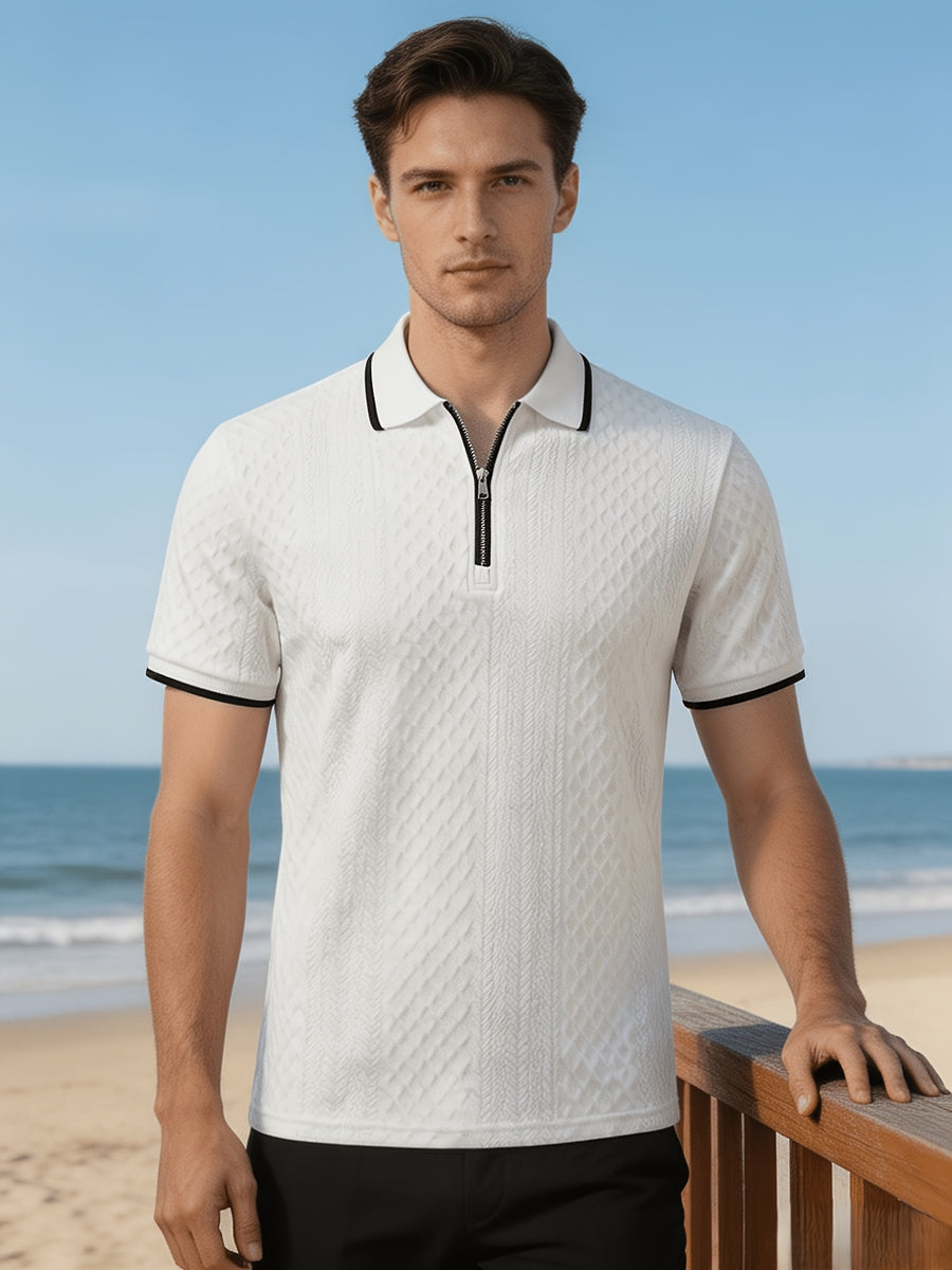 Men'S Quarter-Zip Knit Polo Shirt, Textured Diamond Jacquard Short Sleeve Top, Summer Golf Casual Office Street Wear - White