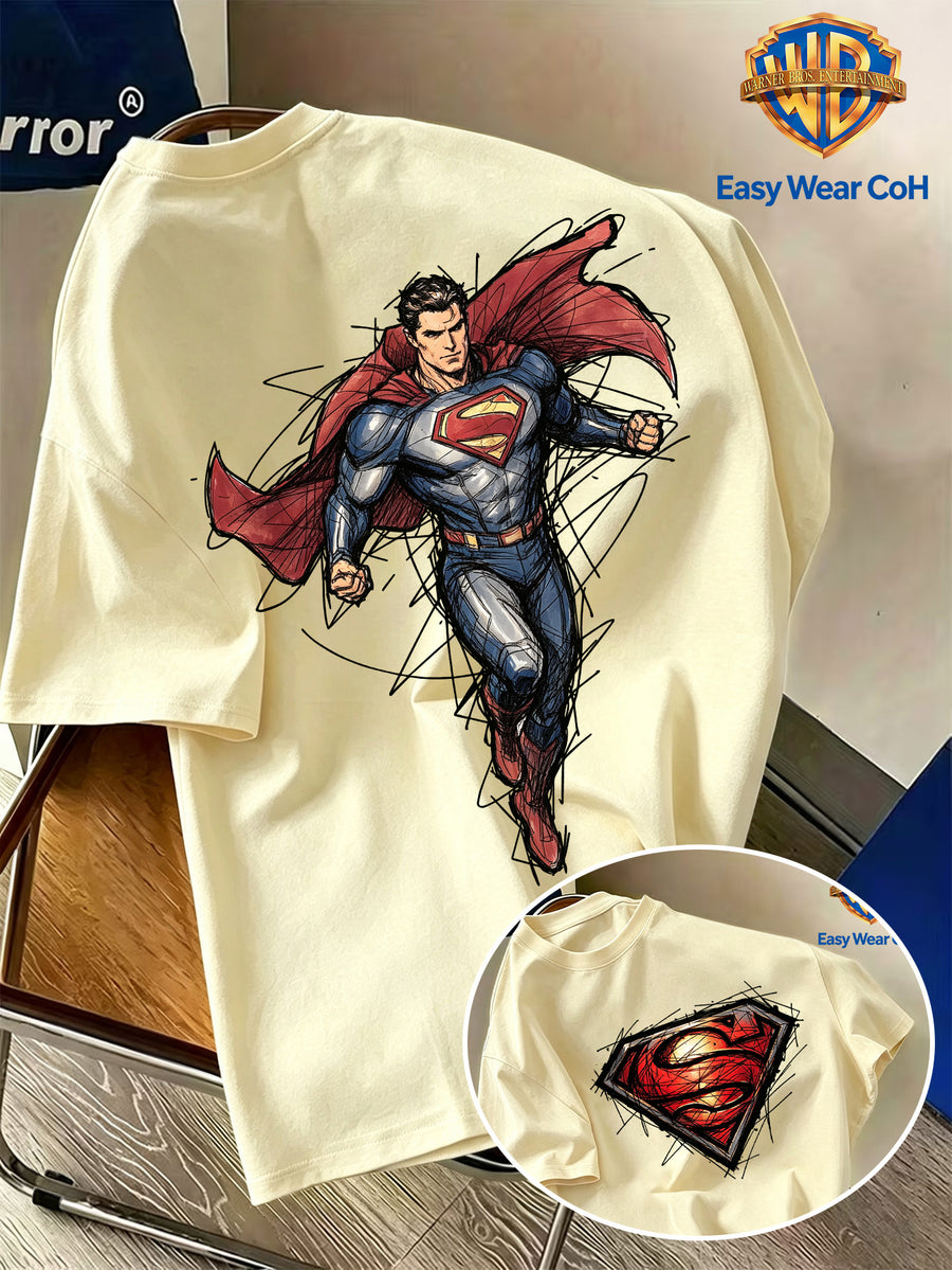 Warner Bros. Authentic Men's Pure Cotton Short-Sleeve T-Shirt, Featuring a Classic Hand-drawn Sketch-style Superman Core Pattern + S Shield Logo Creative Print. The Sketch Design Has Finely Detailed Layers, and the Pure Cotton Fabric Dispels Summer - Apricot