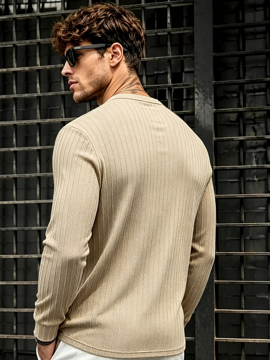Men'S New Knit Retro Stretch Top, Textured Casual Loose Commuter All-Match Long Sleeve Henley Shirt - Khaki