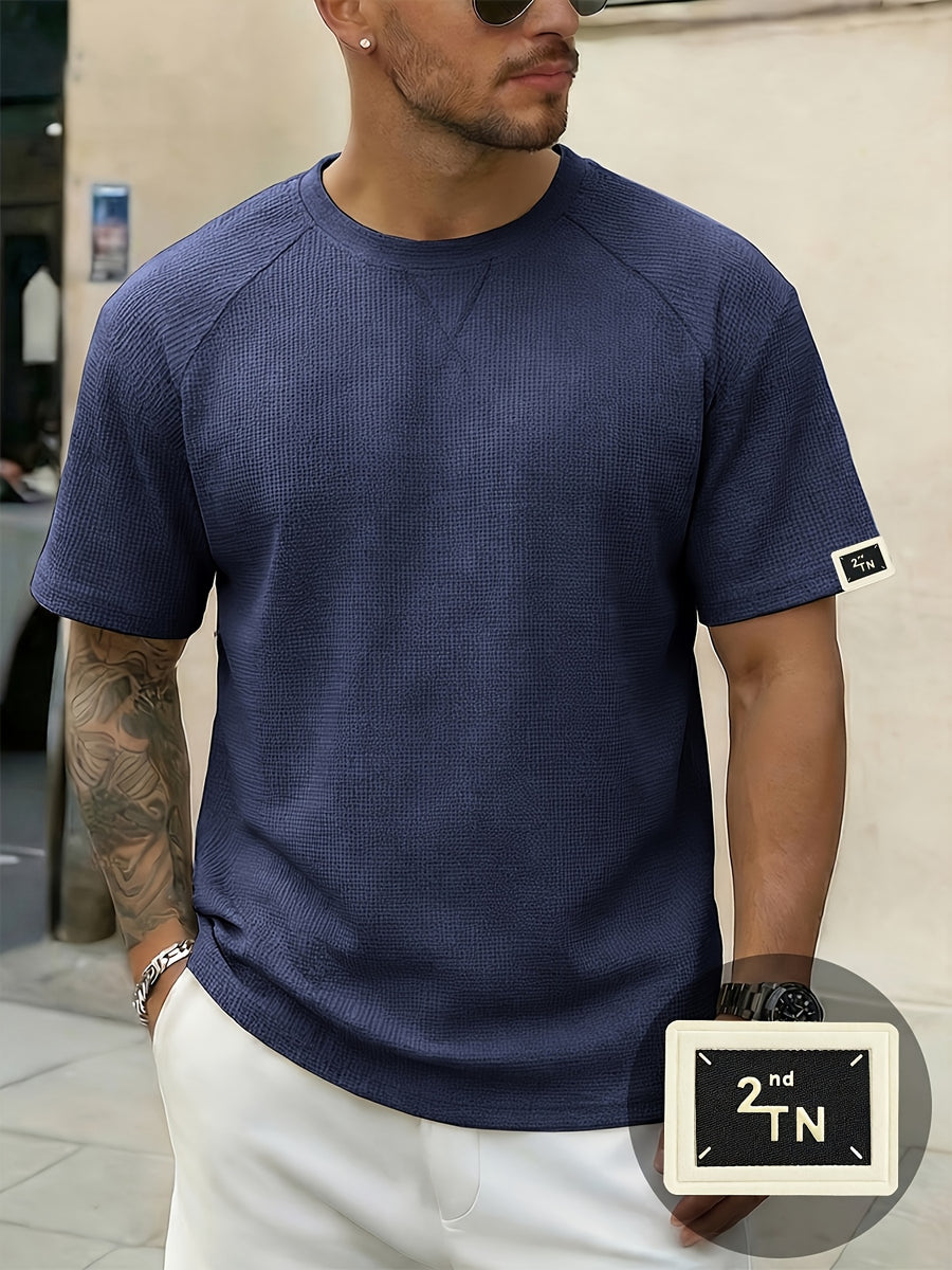 Men'S Waffle Knit Crew Neck T-Shirt, Lightweight And Breathable Short Sleeve Casual Tee with Premium Fashion Handcrafted Labeling. Comfortable Loose-Fit Summer Top Perfect for Daily Wear, Street Style, Vacations, Travel, Outdoor Activities - Navy Color