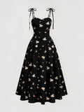 French-Style Black Floral Print Tie-Up Spaghetti Suspender Dress for Women, New Summer Collection, Slim Fit Waist-Cinching Midi Dress for a and Elegant Look, Versatile Dress for Beach Vacations, Dates, and Daily Wear - Black