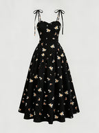 French-Style Black Floral Print Tie-Up Spaghetti Suspender Dress for Women, New Summer Collection, Slim Fit Waist-Cinching Midi Dress for a and Elegant Look, Versatile Dress for Beach Vacations, Dates, and Daily Wear - Black