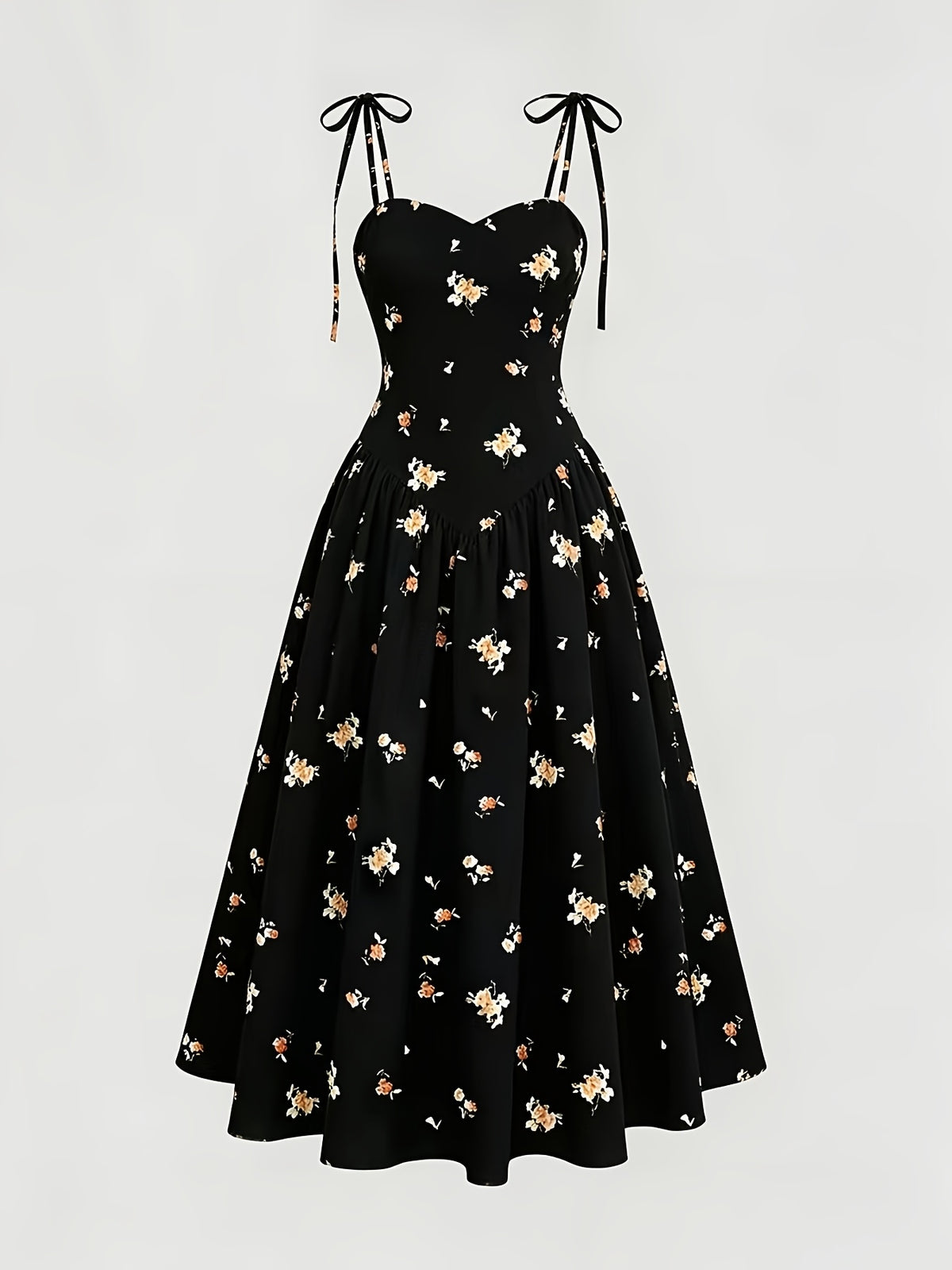 French-Style Black Floral Print Tie-Up Spaghetti Suspender Dress for Women, New Summer Collection, Slim Fit Waist-Cinching Midi Dress for a and Elegant Look, Versatile Dress for Beach Vacations, Dates, and Daily Wear - Black