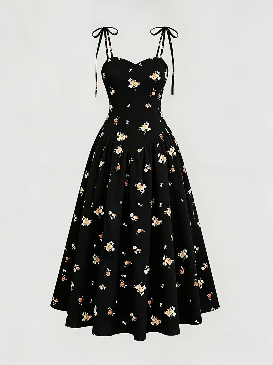French-Style Black Floral Print Tie-Up Spaghetti Suspender Dress for Women, New Summer Collection, Slim Fit Waist-Cinching Midi Dress for a and Elegant Look, Versatile Dress for Beach Vacations, Dates, and Daily Wear - Black