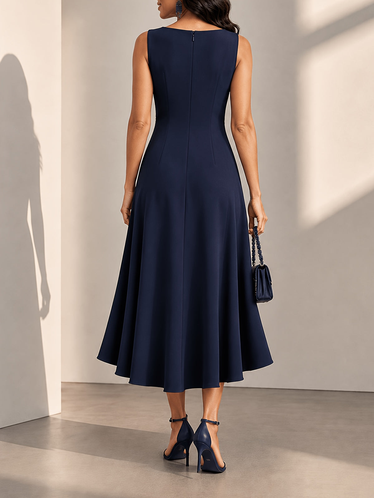 Summer Fashion Simple Women's Round Neck Sleeveless Cinched-waist Crossover Irregular Ruffle Mid-length Dress, Suitable for Formal Occasions Such as Business Banquets and Wedding Parties - Navy Color