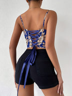 Elegant Special Vintage Floral Print Elegant Short Body-Shaping Camisole with Sexy Boning - Blue