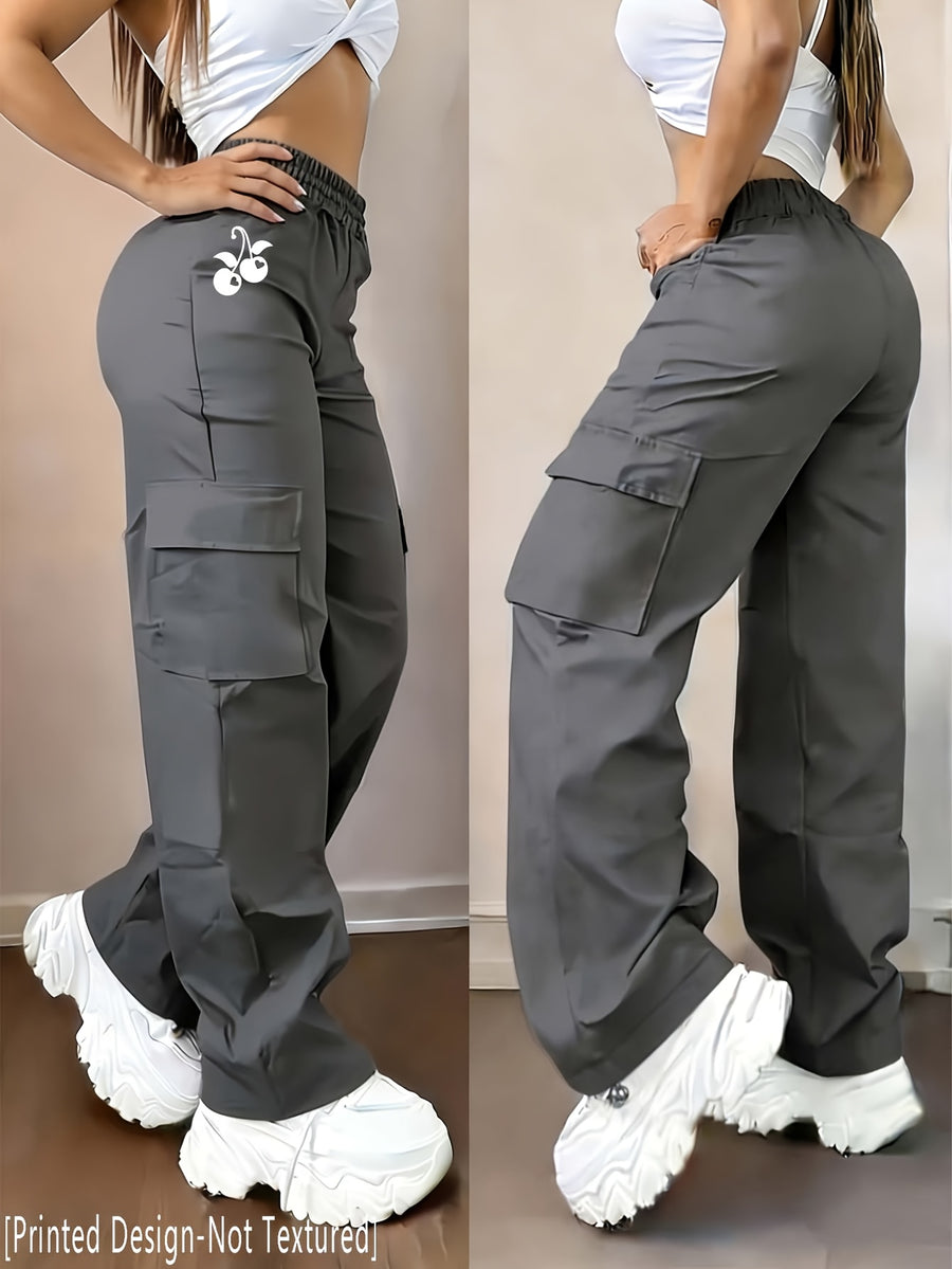 Women's Casual Trousers with a Creative Heart and Cherry Print Design, Fashionable Cargo Pants - D355-WHY2075 - Grey