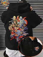 Warner Bros. DC Superhero Group Pose Multi-Character Collaboration Hot-Blooded Comic Style Cool Print Men's Fashion Hooded Sweatshirt, Sleeve Print Design, Kangaroo Pocket, Drawstring Hood, Suitable for Daily Wear and Outdoor Sports, an Excellent - Black
