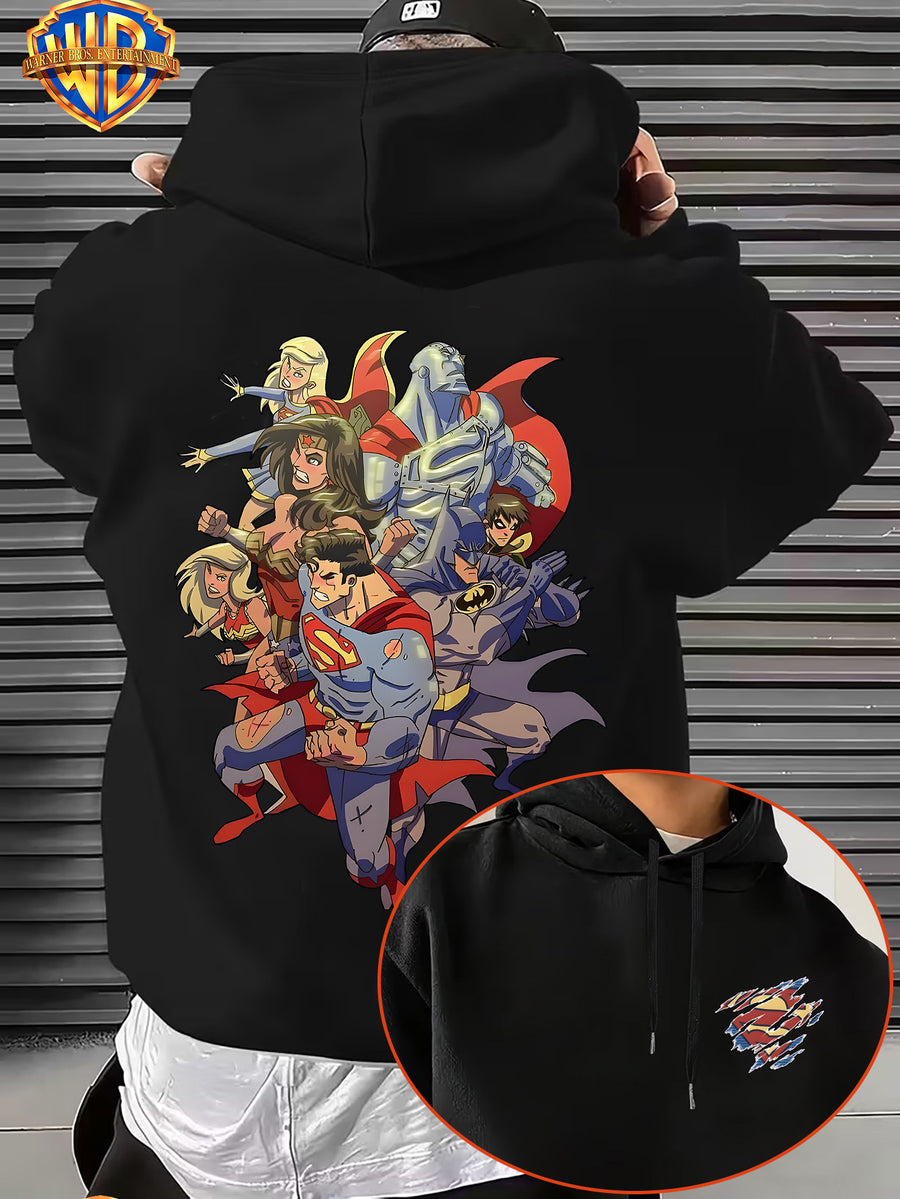 Warner Bros. DC Superhero Group Pose Multi-Character Collaboration Hot-Blooded Comic Style Cool Print Men's Fashion Hooded Sweatshirt, Sleeve Print Design, Kangaroo Pocket, Drawstring Hood, Suitable for Daily Wear and Outdoor Sports, an Excellent - Black