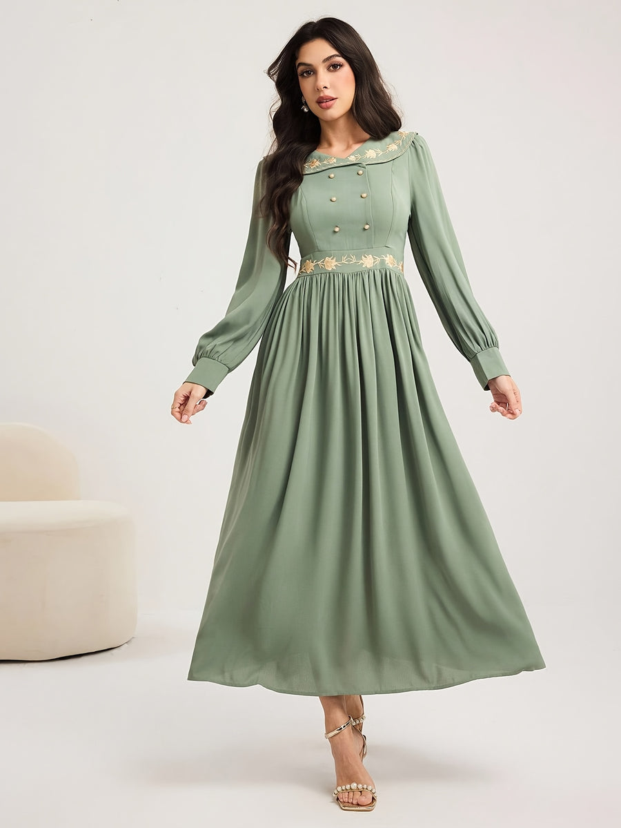 Vintage Lapel Heavy Craft Embroidered Long Sleeve Dress - Matcha Color