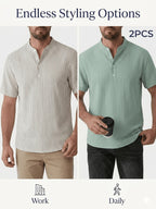 Josh Rose OBM 2pcs Men's Henley Shirts, Men's Summer Short Sleeve Regular Fit, Lightweight and Breathable, 95% Linen, Solid and Striped in Black and White, Features 4 Buttons, Suitable for Summer Daily Work, Casual, and Vacation Occasions - White+Green