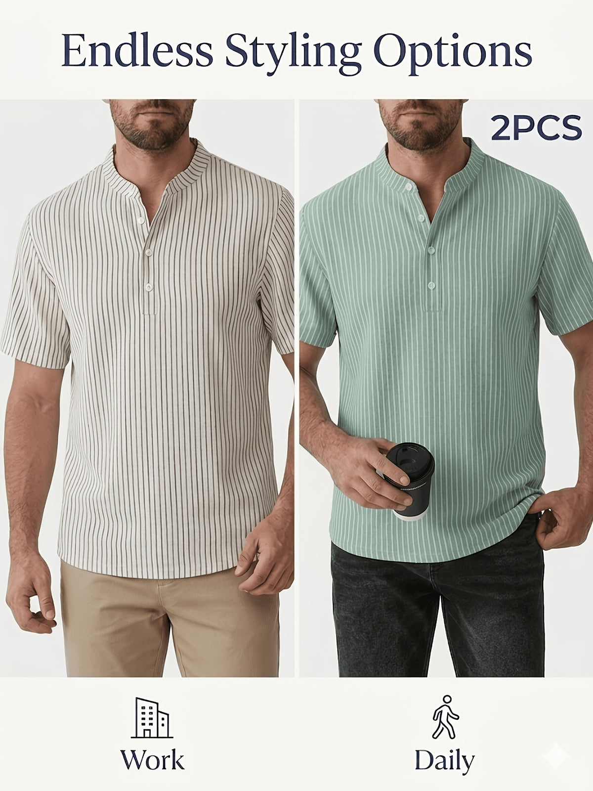 Josh Rose OBM 2pcs Men's Henley Shirts, Men's Summer Short Sleeve Regular Fit, Lightweight and Breathable, 95% Linen, Solid and Striped in Black and White, Features 4 Buttons, Suitable for Summer Daily Work, Casual, and Vacation Occasions - White+Green