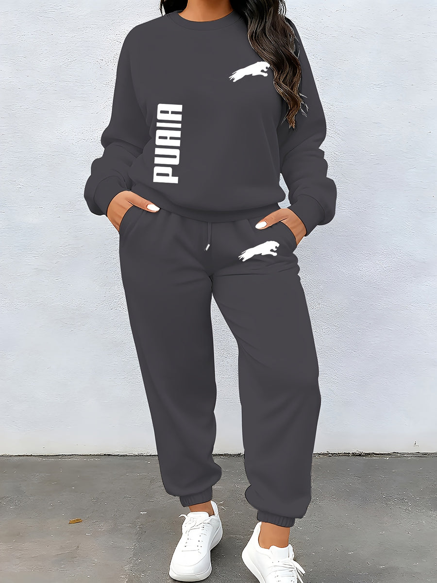 PUAIA Logo, Autumn/Winter Long Sleeve And Pants 2pcs Set, Sweatshirt Ankle-Cinching Trousers Easy Casual Home Commute Women'S Clothing! - Dark Gray