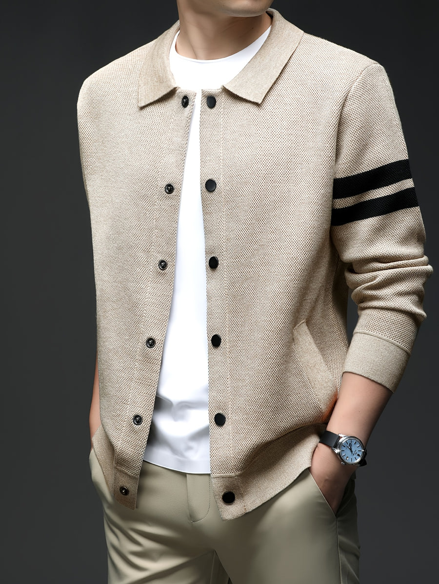 Star Dense Autumn-Winter Men's Striped Buttoned Open Front Long Sleeve Casual Turn Collar Knitted Cardigan, Mens Sleeveless Cardigans, Open Front Cardigan for Men, Cardigan, Men Plus Size Cardigan, Plus Size Mens Cardigan, Winter Wardrobe - Camel