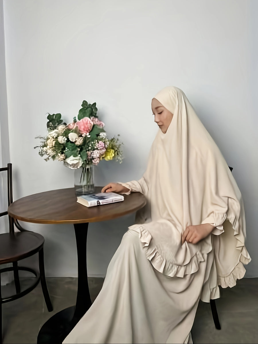 2pcs Set: Middle East Dubai 2pcs Set, Including 1 Solid Color Long Headscarf + 1 Long Robe, Women's Fashion Loose Robe Ramadan Prayer Outfit - Off-white