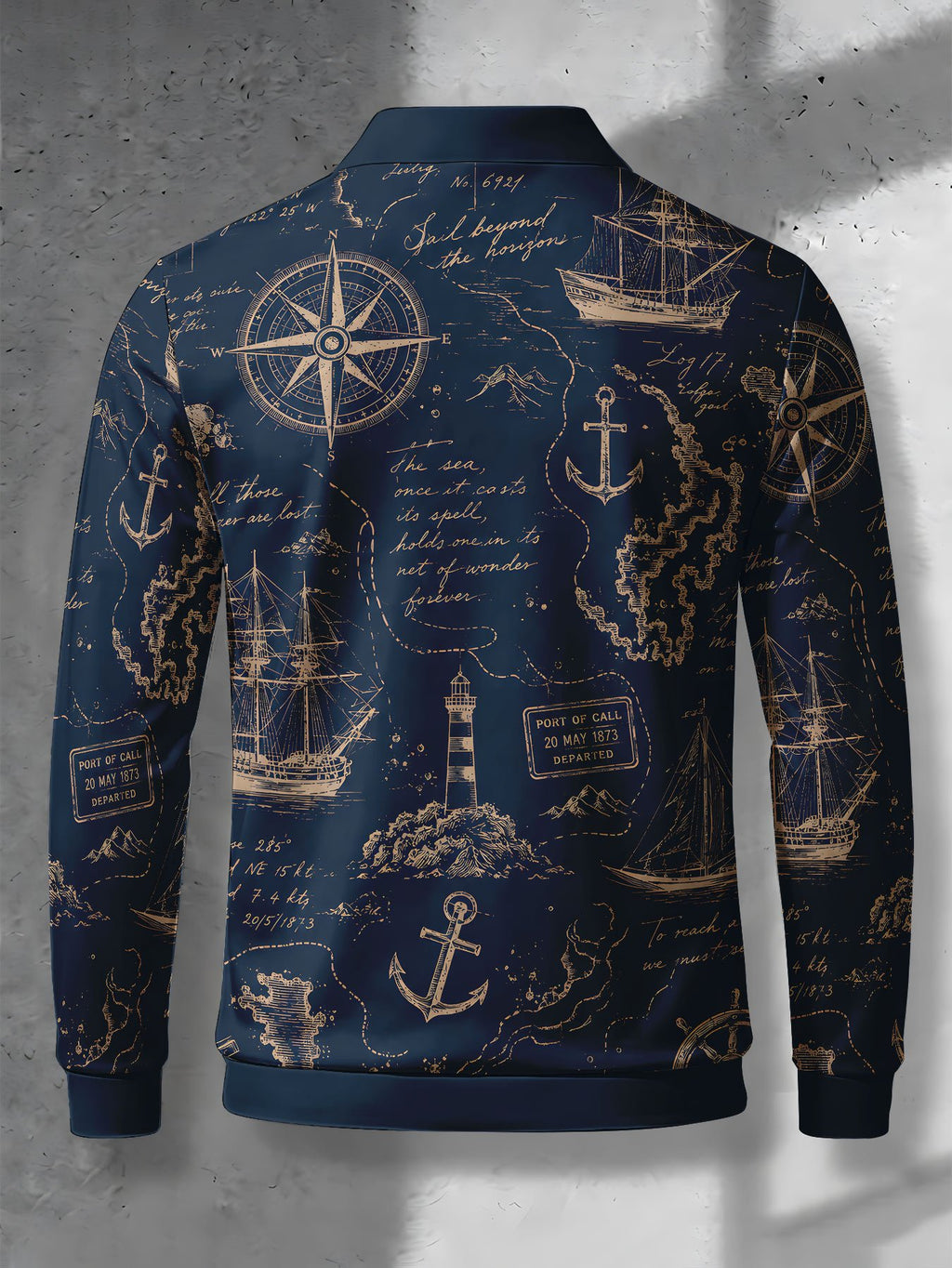 Men's Contrast Color Long Sleeve Polo Shirt, Lapel Collar Three-Button Casual Top with Vintage Nautical Manuscript Print, Versatile Men's Apparel for Spring/Autumn Business Commuting and Golf, Surprise Birthday/Holiday Gift for Young Men - Mixed Color G