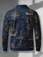 Men's Contrast Color Long Sleeve Polo Shirt, Lapel Collar Three-Button Casual Top with Vintage Nautical Manuscript Print, Versatile Men's Apparel for Spring/Autumn Business Commuting and Golf, Surprise Birthday/Holiday Gift for Young Men - Mixed Color G