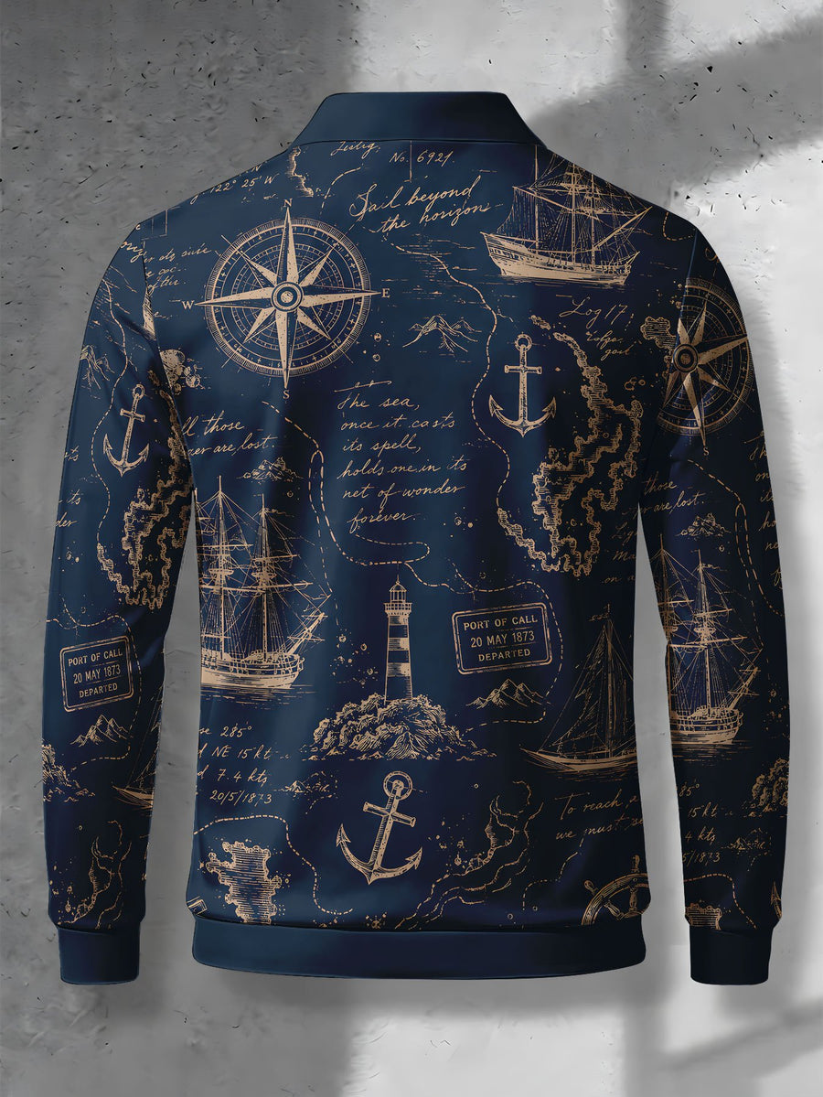 Men's Contrast Color Long Sleeve Polo Shirt, Lapel Collar Three-Button Casual Top with Vintage Nautical Manuscript Print, Versatile Men's Apparel for Spring/Autumn Business Commuting and Golf, Surprise Birthday/Holiday Gift for Young Men - Mixed Color G