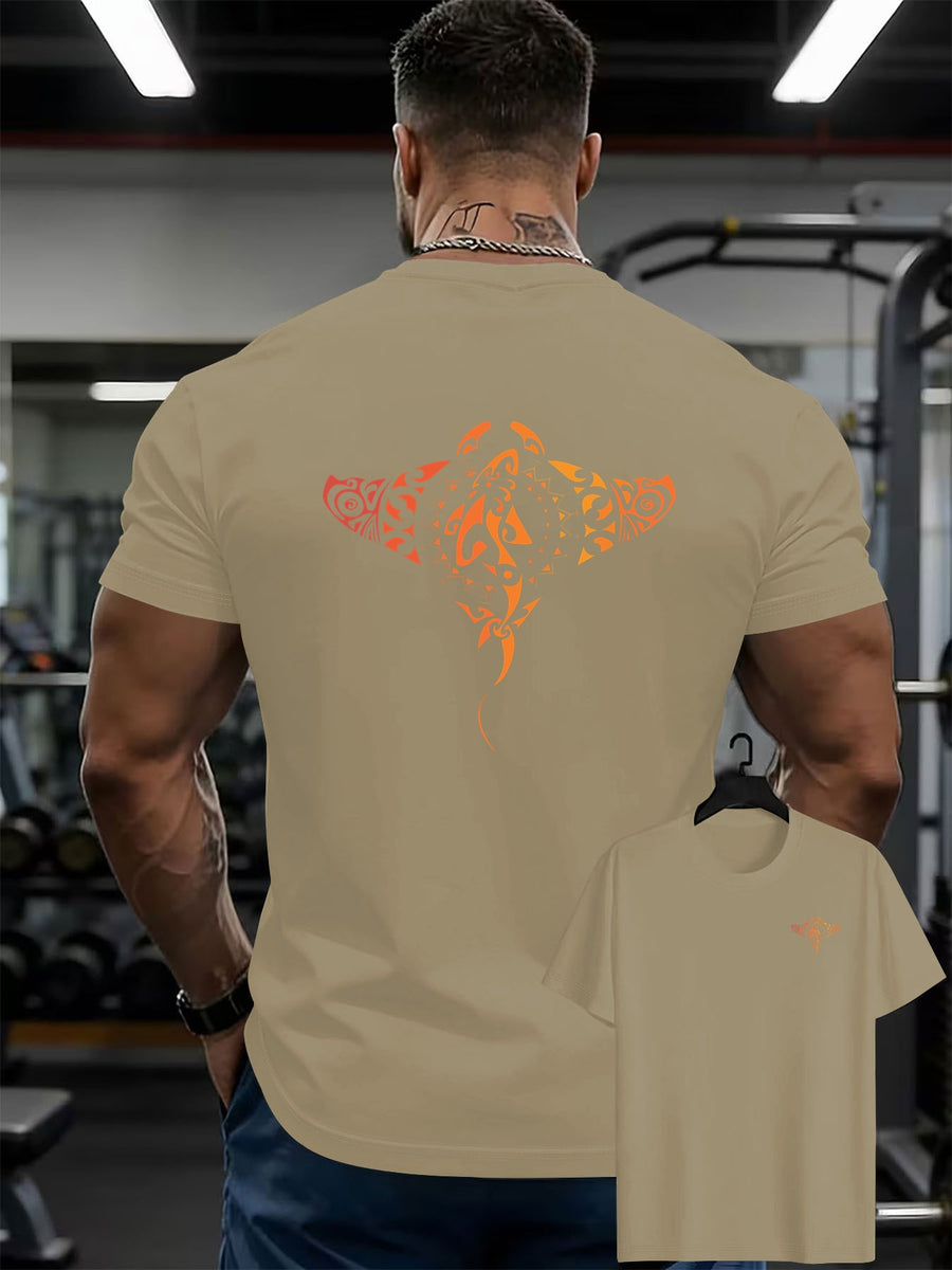 100% Men'S T-Shirt, Multi-Colors Available, Men'S Manta Ray Pattern T-Shirt, Front And Back Print T-Shirt, Summer Casual Round Neck Short Sleeve T-Shirt - Khaki