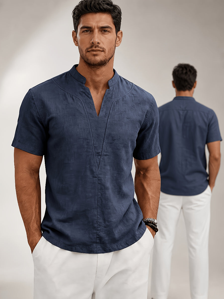 Men'S Minimalist Summer Casual Shirt, Linen Texture Short Sleeve Stand Collar V-Neck Pullover, Soft And Breathable, Loose Fit, Suitable for Business Casual, Vacation, Weekend Gatherings, And More - Navy 1 piece