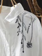 Women'S Literary Retro Embroidered Lapel White Long Sleeve Shirt Summer - White