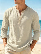 Spring/Autumn New Arrival Men's Cotton-Cotton and Linen Henley Long Sleeve Shirt, 2pcs, Solid Color Casual Top - Light White+Khaki