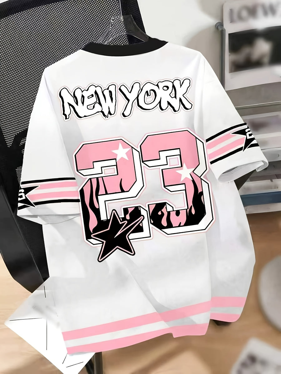 Women's Casual Fashion Drop-Shoulder T-Shirt with NY Letter and 23 Number Print, Drop-Shoulder Sleeves, Daily Wear Graphic Tee, a Must-Have Item for Trendsetters, the Perfect Gift for Family - White
