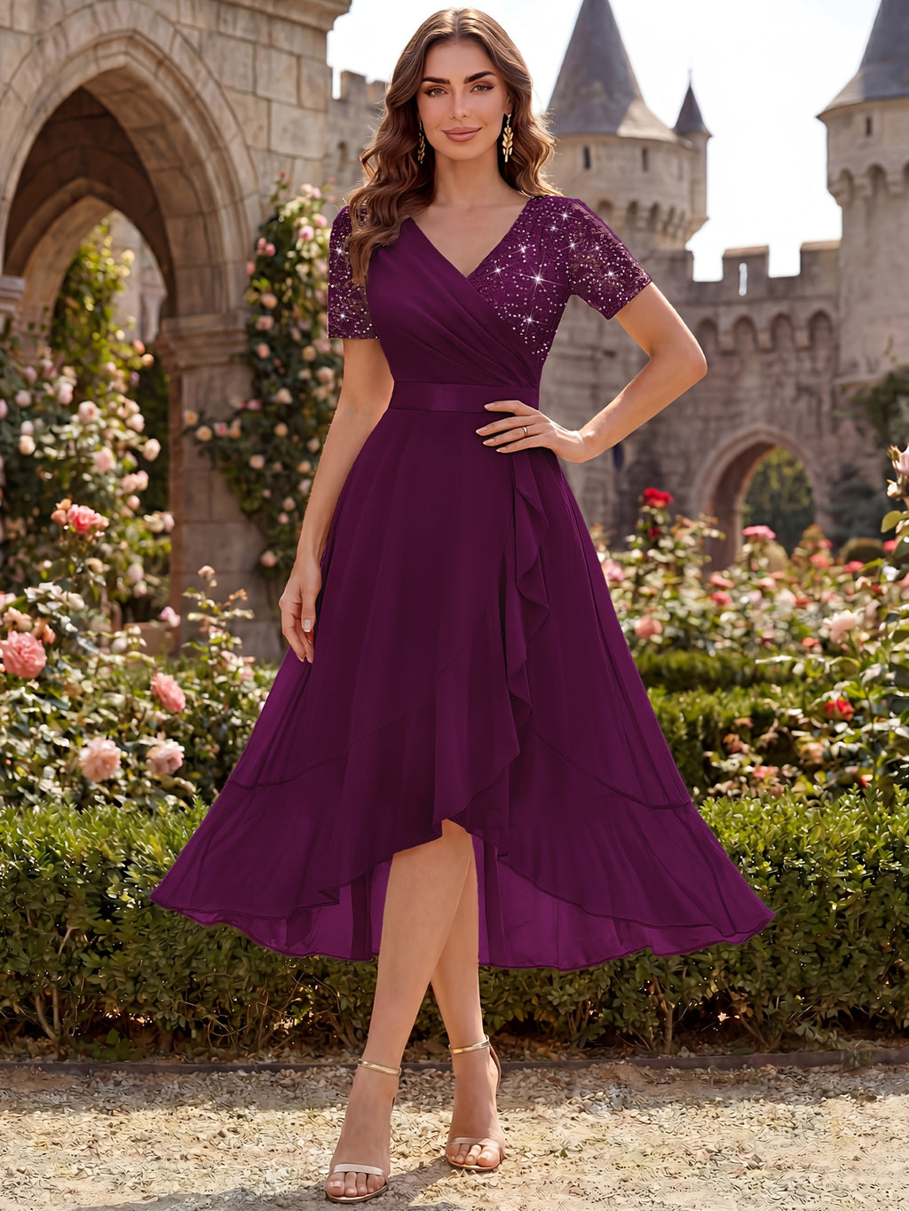 Women'S Elegant V-Neck Lace Chiffon Ruffled Trim Slit Wedding Party Long Dress - Maroon