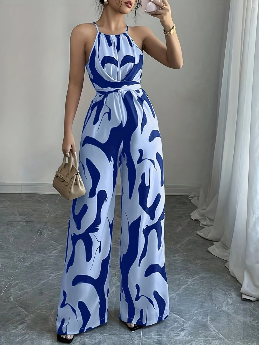 Women'S Printed Fabric Ruched Jumpsuit with Halter Neck, Elegant for Holiday And Everyday Wear - Blue