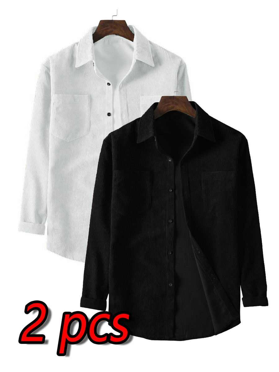 A Two-Piece Set for Men Featuring a Corduroy Button-Up Cardigan with Two Chest Pockets, a Stylish Solid Color Striped Shirt, And Men'S Apparel - Two-piece Set In White And Black