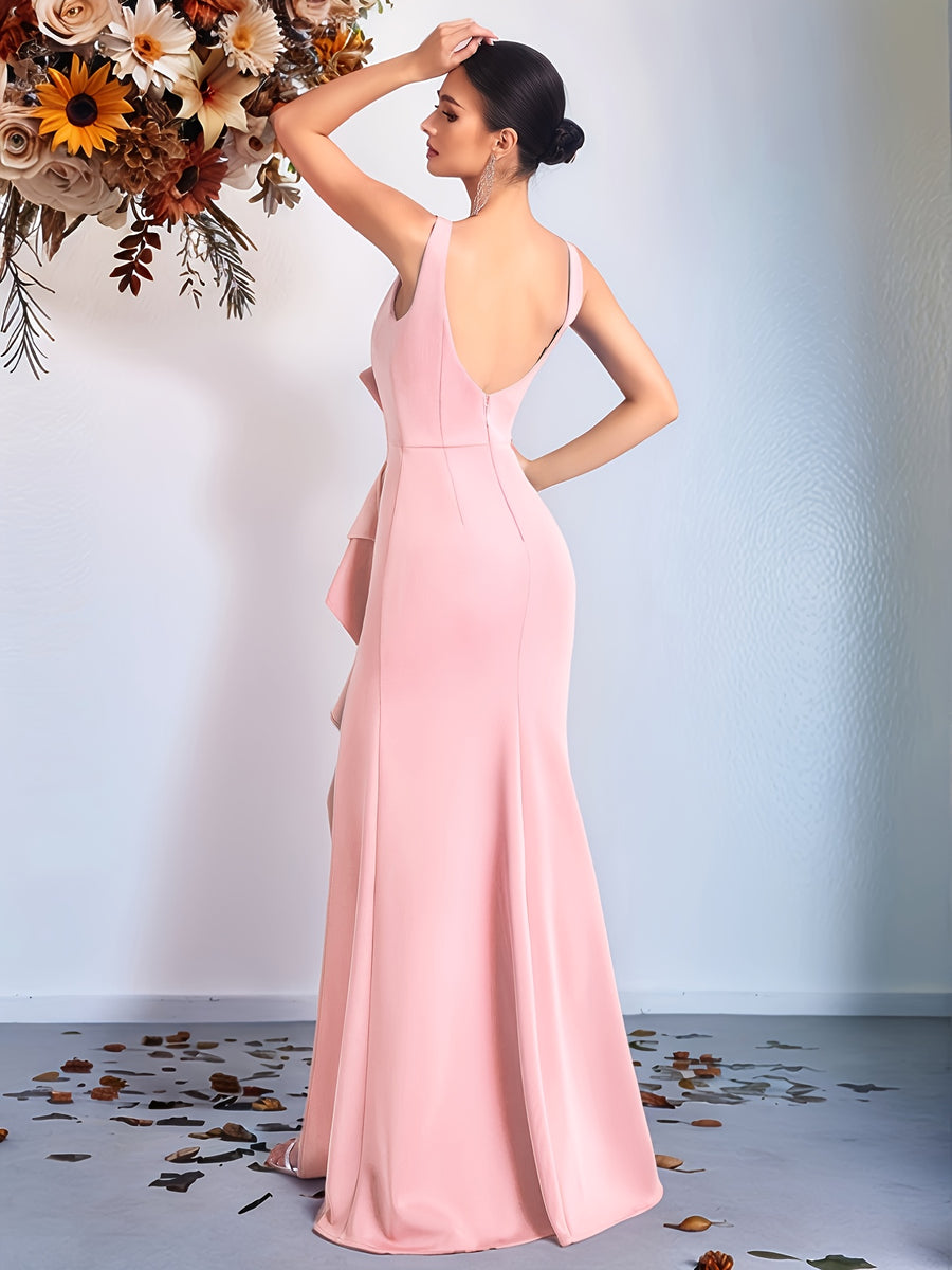 2025 Solid Color High Waist Pleated Ruffle Trim Slit Backless Prom Party Evening Gown Dress - pink color