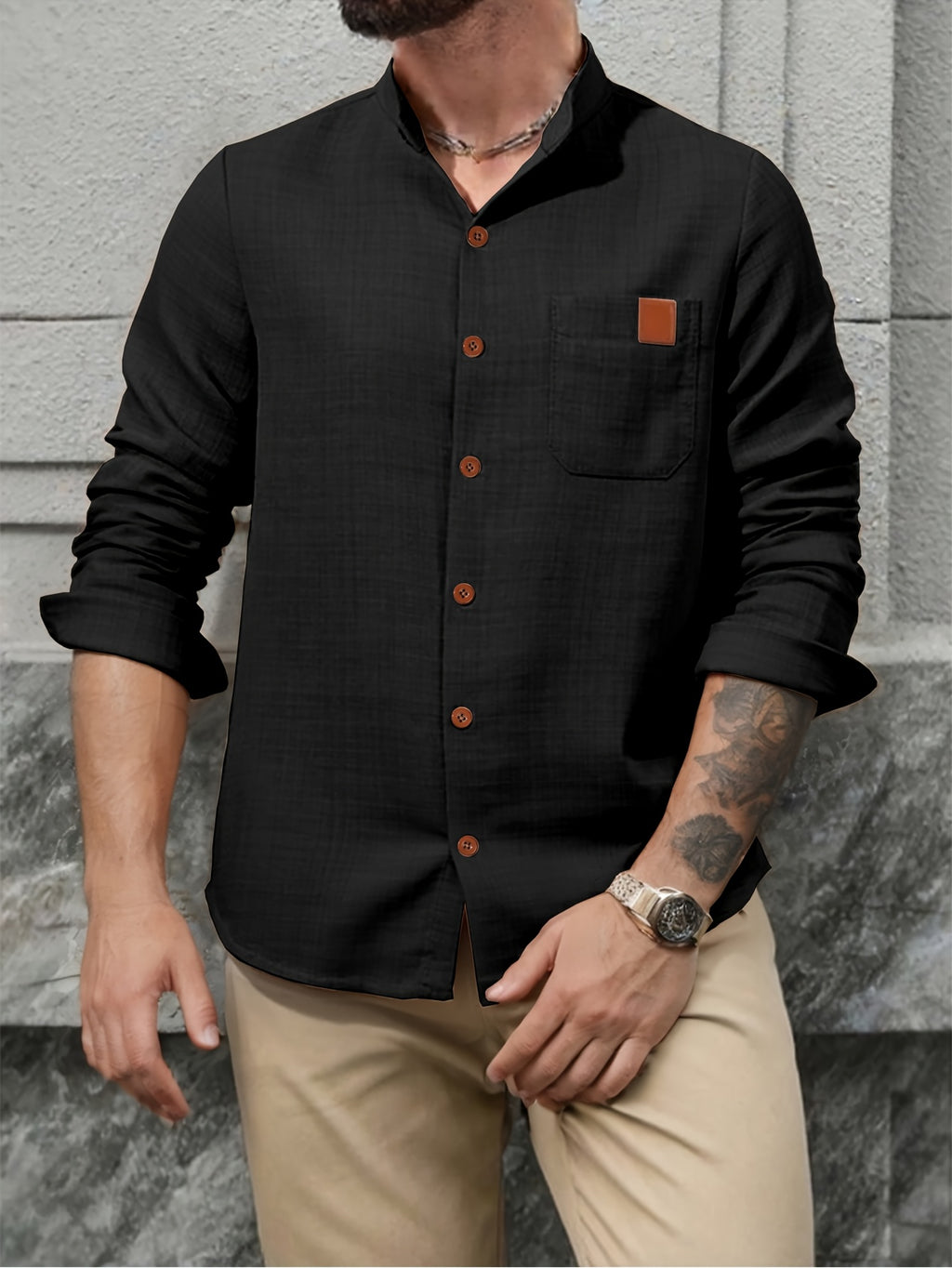 Men's Simple Solid Color Shirt with Stand Collar and Long Sleeves - Black
