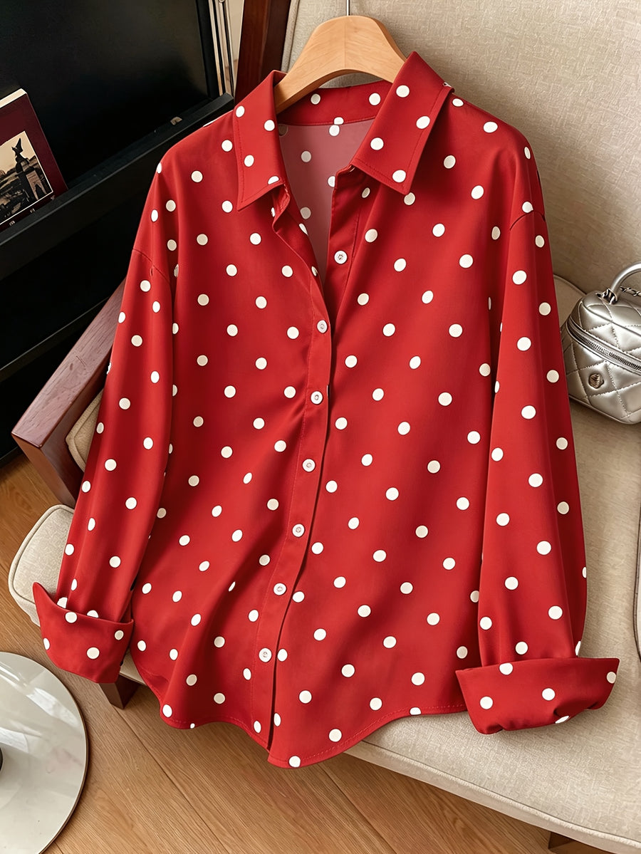 Women'S Y2K Retro Casual Loose Long Sleeve Button-Up Polka Dot Printed Lapel Shirt, Elegant Vintage Casual Style Suitable for Outdoor Leisure Walking Shopping Wear ZD260604061 - Red