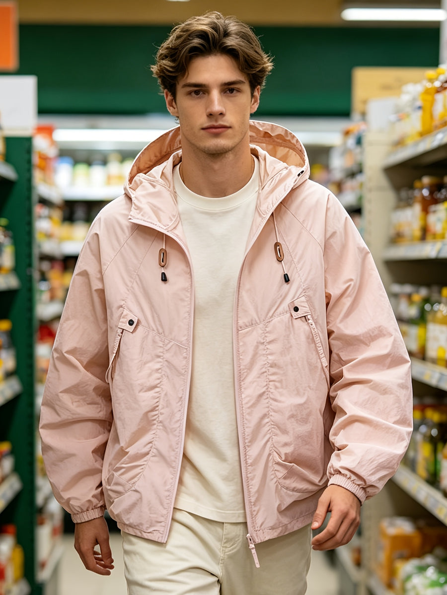 Men'S Spring Autumn Hooded Solid Pocket Jacket Sunscreen Top, Suitable for Outdoor Running Sports Commuting - 2390-Ice Mist Powder