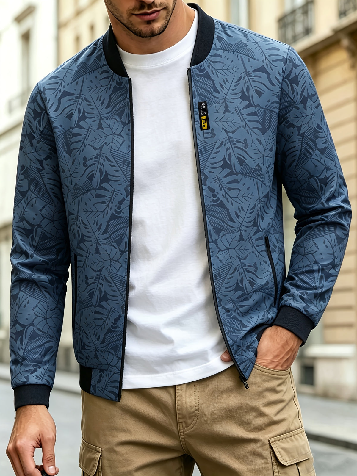 Men's Baseball Collar Print Casual Jacket, Outdoor Windproof Coat with Zipper Pockets Warm Soft Jacket - Fog Blue