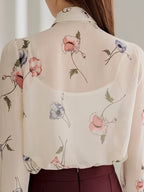 Women'S Elegant Floral Print Chiffon Sheer Summer Blouse, Office Casual Top for Outdoor Parties And Holidays - Beige