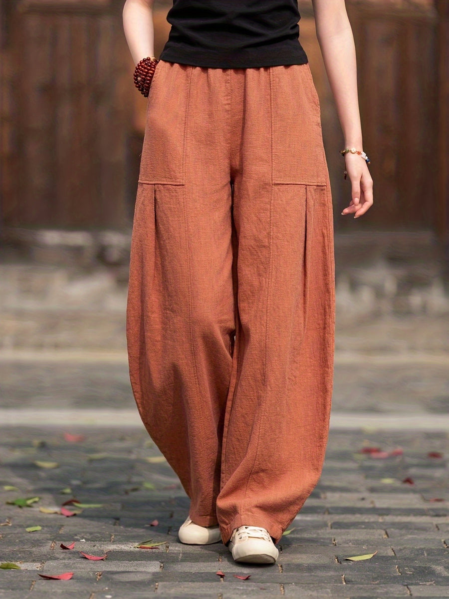 Elegant Solid Color Wide-Leg Pants for Women, Casual Loose Trousers Suitable for Work And Outings - Brick Red
