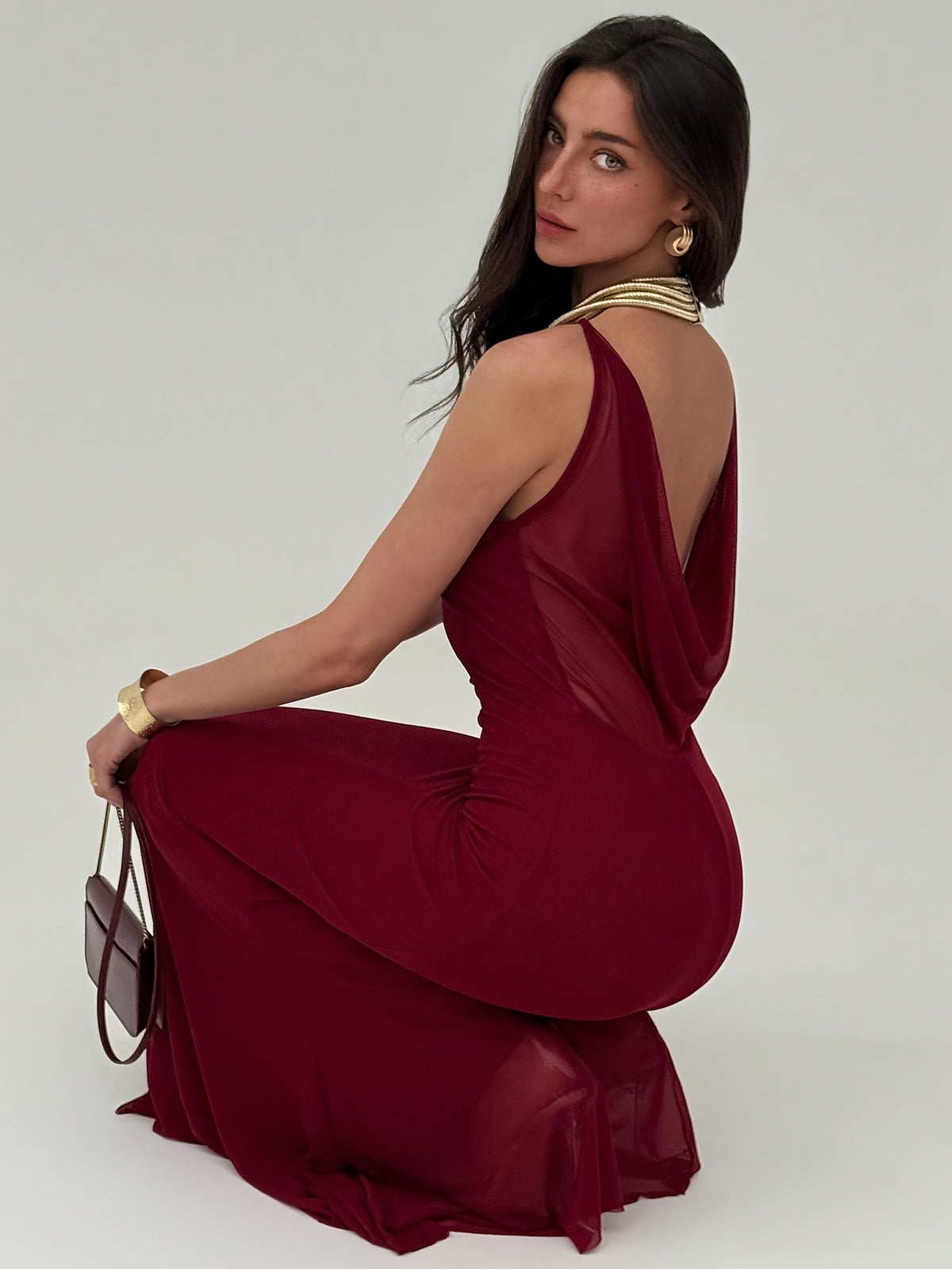 Ladies' Sexy Spaghetti Strap Dress, Mesh Festival Gown - Burgundy