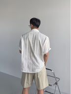 Men's Hollow Out Striped Short Sleeve Shirt, Cuban Collar, Casual Summer Beach Blouse, KhakiMen's Casual Cuban Collar Shirt, Hollow Out Stripe Texture, Short Sleeve, Loose Fit, Summer Daily TopSummer Men's Khaki Striped Shirt, Cuban Collar - White