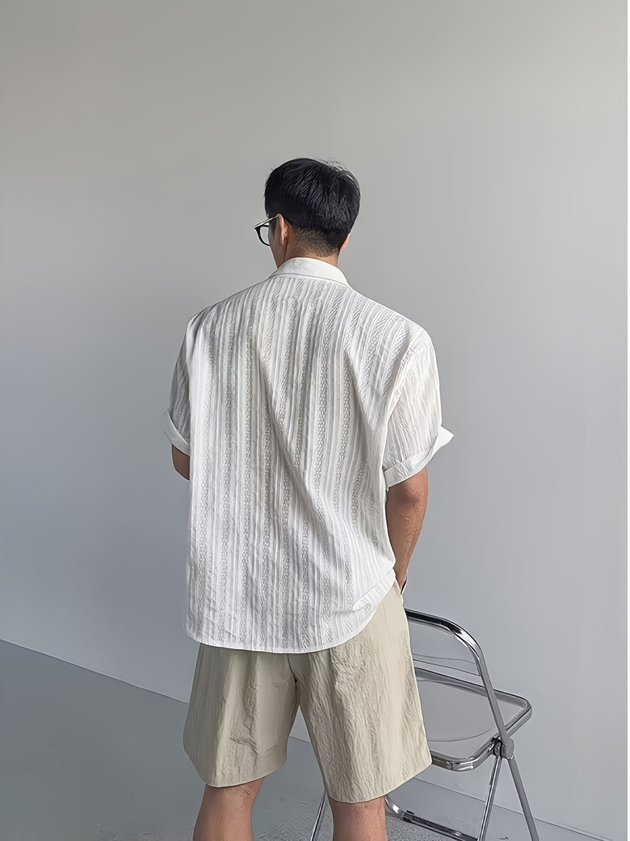 Men's Hollow Out Striped Short Sleeve Shirt, Cuban Collar, Casual Summer Beach Blouse, KhakiMen's Casual Cuban Collar Shirt, Hollow Out Stripe Texture, Short Sleeve, Loose Fit, Summer Daily TopSummer Men's Khaki Striped Shirt, Cuban Collar - White
