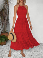 Summer Holiday Vacation Solid Texture Backless Dress, Long Vacation Beach Maxi Dress - Red