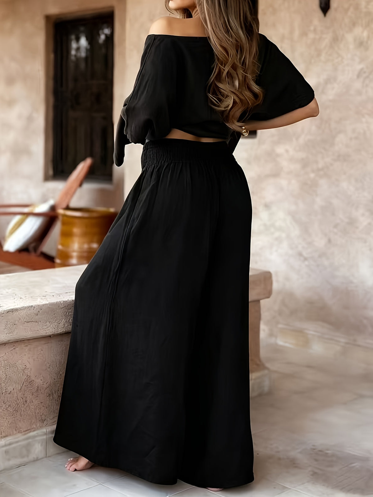 Women'S 2pcs Ultra-Loose Top And Wide-Leg Pants Set, Women'S Spring Summer Fall Flared Top And Long Pants Outfit - Black