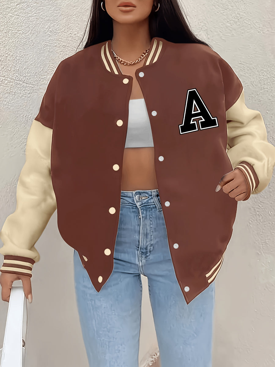 Women'S Baseball Jacket, Loose Casual Color-Blocked Coat, Letter Print Top For, Versatile Cardigan for Spring And Autumn in Korean Style - Dark Brown