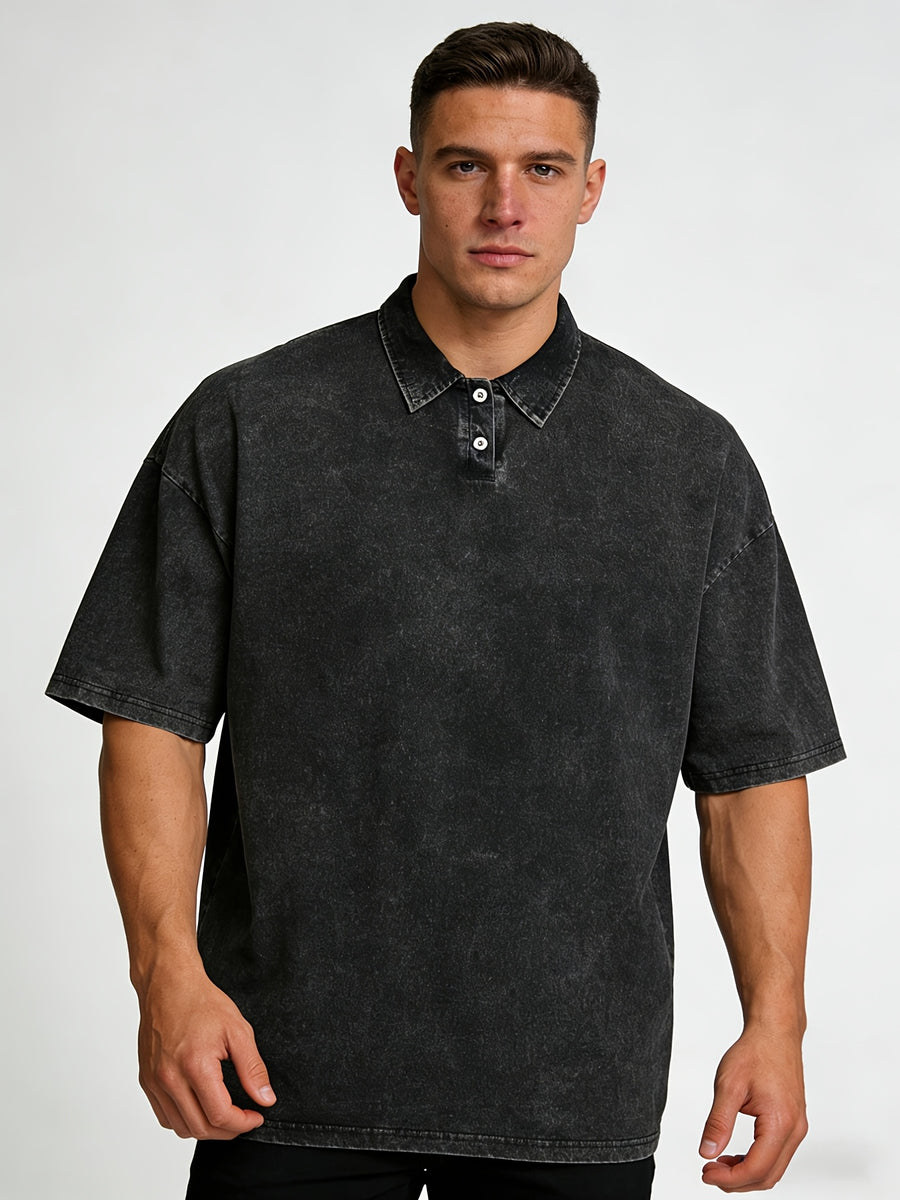 New American Hip-Hop Punk Style Washed Black Short-Sleeve Lapel Loose T-Shirt for Men and Women, Outdoor Casual Jacket - Vintage Distressed Design, Lightweight and Breathable Fabric, Streetwear Loose Top, Suitable for Daily Casual Layering or Wearing - Black