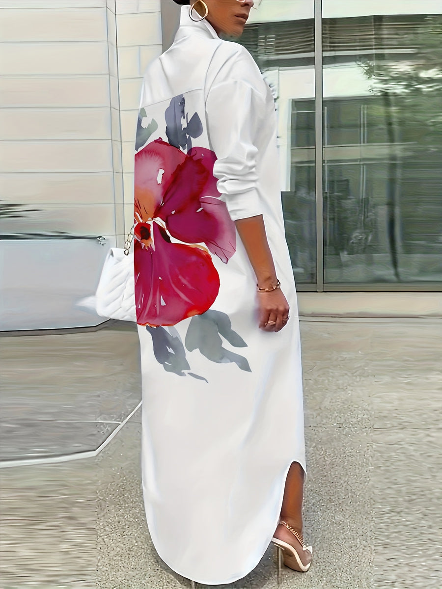 Plus Size, Women's Plus Size Casual Floral Print Shirt Dress for Spring and Autumn - Suit 7
