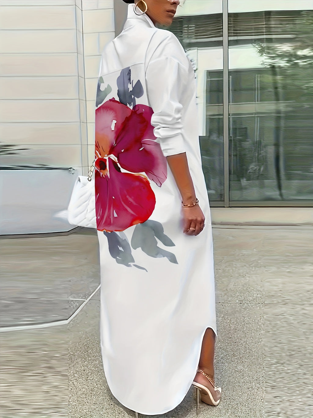 Plus Size, Women's Plus Size Casual Floral Print Shirt Dress for Spring and Autumn - Suit 7