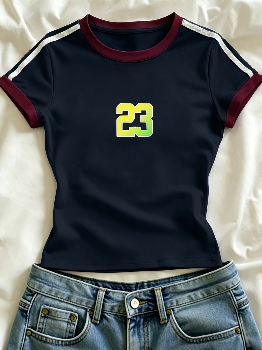 1pc Western Fashion Spring Summer Campus Style Square Shoulder Round Neck Contrast Slim Fit Women'S T-Shirt, Easy Number Pattern Women'S T-Shirt - Navy Blue 3
