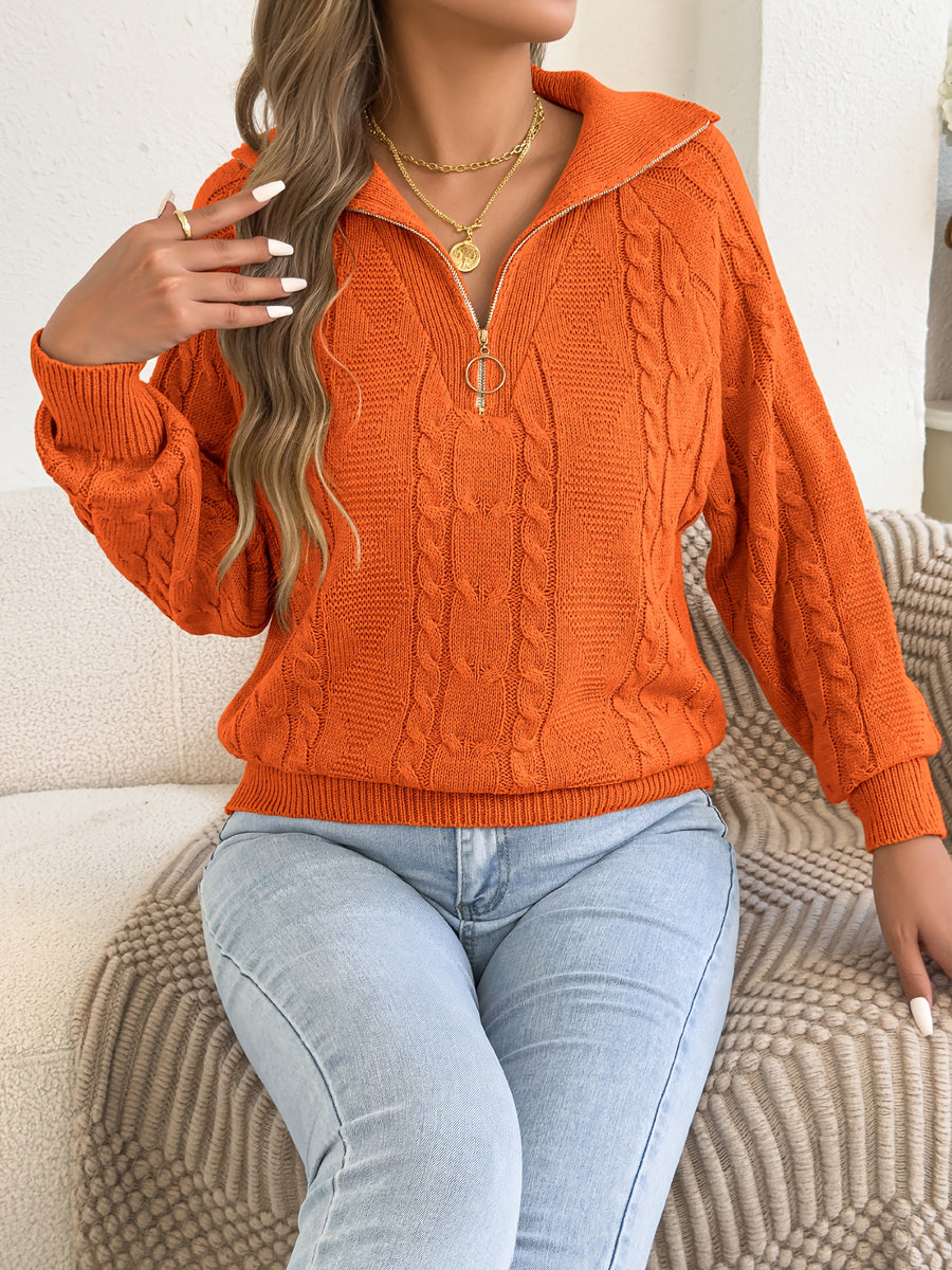 Autumn and Winter Leisure Vacation Pullover Sweater Solid Color Zipper Lapel Women's Sweater - Orange
