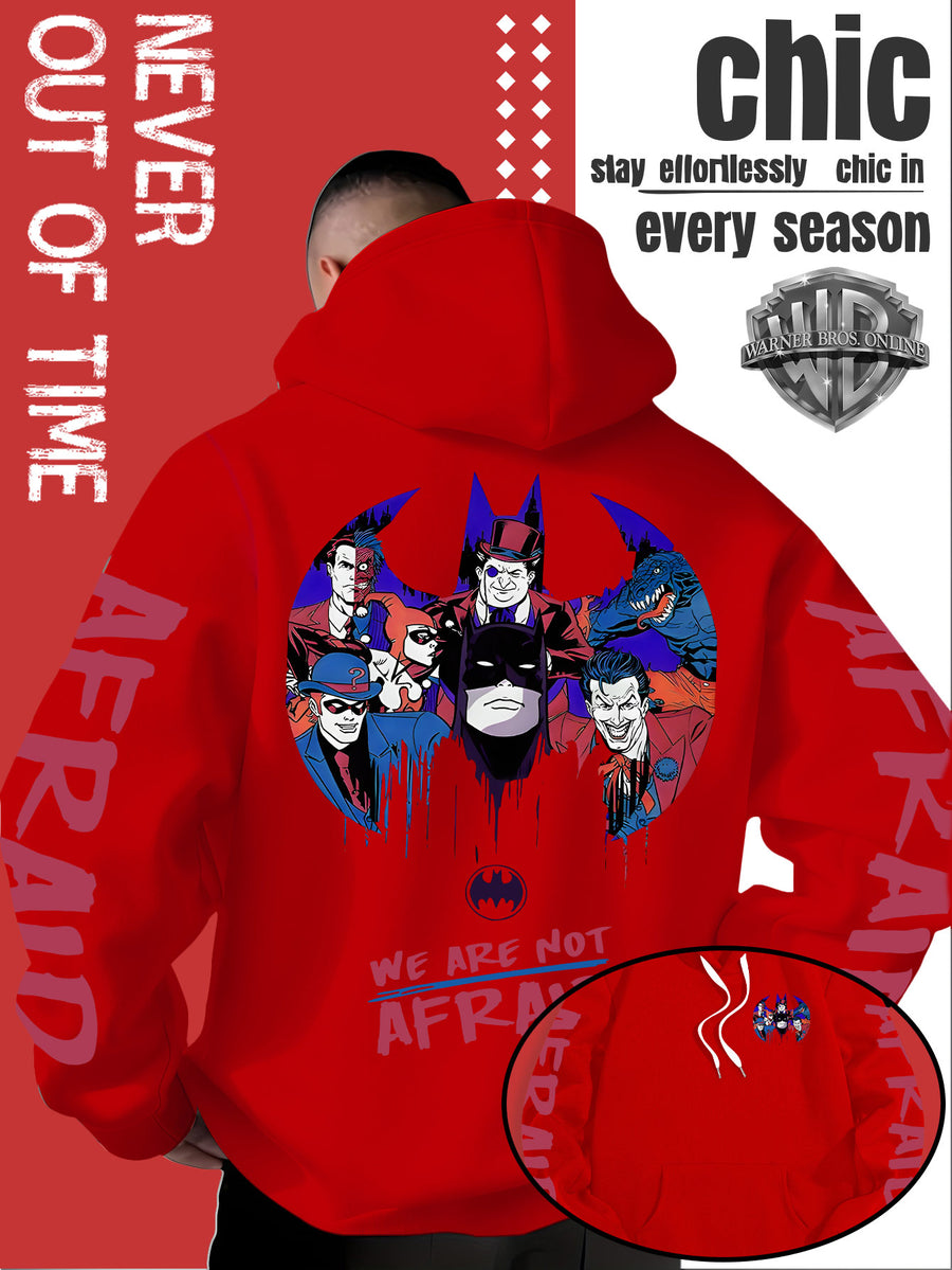 Men'S Batman Hooded Sweatshirt, Cool Graphic Print with Hero And Villain Characters, English Slogans And Sleeve Graffiti, Classic Meets American Dark Streetwear, Fall/Winter Comfortable Long Sleeve, Trendy Street Style for Men - Red
