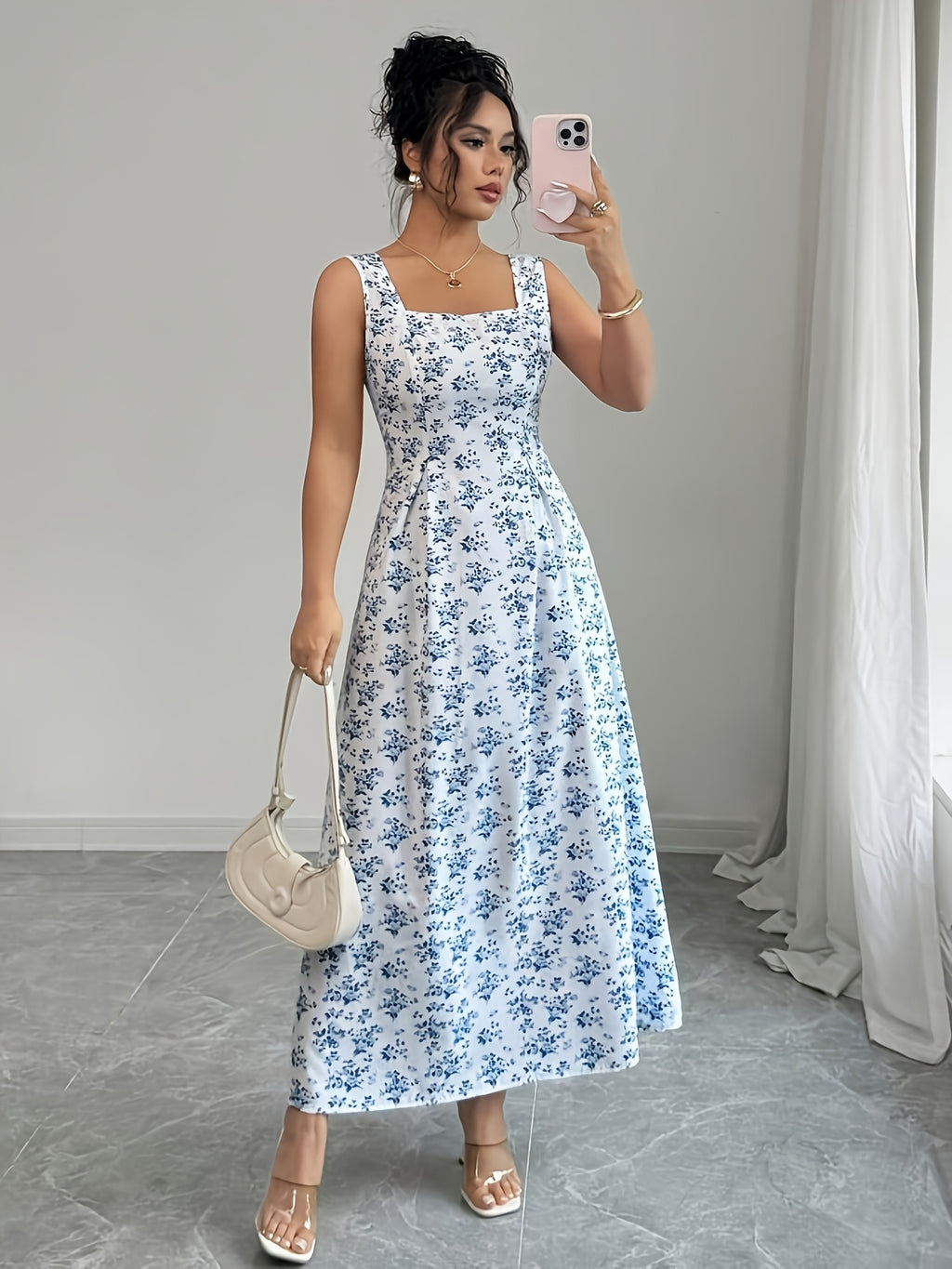 Elegant Square Neck Floral Dress | Sleeveless, Flared Hem, Tie Back Detail, Long Length, Fit And Flare Silhouette, Perfect For Spring/Summer/Fall - Multicolor